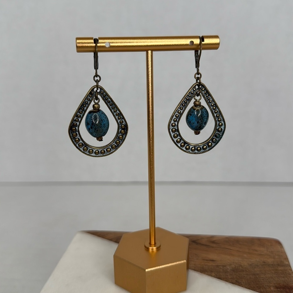 Premier Design Blue Ceramic Bead Brass Tone Dangle lot E9
